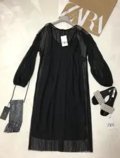 匿名配送　匿名配送　新品　ZARA チュールレース　プリーツ　ロング　ワンピース