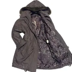 ファー付きフード モッズコート 裏地総柄 ダークブラウン 焦茶 秋冬 FREE