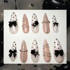 量産型ネイルチップ 地雷系 ピンク ブラックリボン 十字架 韓国系 Y2K 水玉