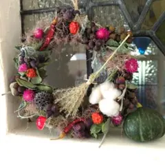 ハロウィンリース　ナチュラルリース　ドライフラワー　ミニかぼちゃ　ホウキ