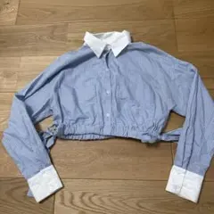 ZARA 水色と白のストライプ クロップドシャツ S