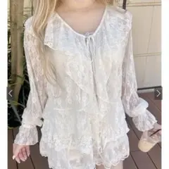 【GRL】 レースリボンフリルカーディガン 白
