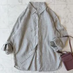 無印良品　ヘンプ100% ストライプ　長袖シャツ　ブラウス　前開き　羽織り　Mのサムネイル