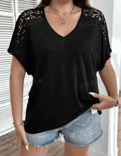 【大きいサイズ】Ｖネック黒レースTシャツ5L~6L(4XL~5XL)半袖薄手夏服