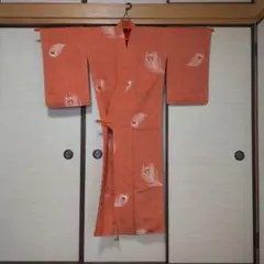 オレンジ色 羽根模様 小紋着物