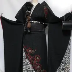 【美品】振袖6点セット167.5cm◆正絹黒ブラック系フルセットZB22のサムネイル