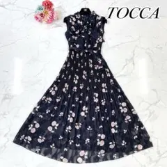 美品 TOCCAフラワープリント ロング丈 ドレスワンピース プリーツ 