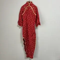 チャイナドレス スタンドカラー 刺繍 七分袖 裾スリット S相当 赤 パーティー