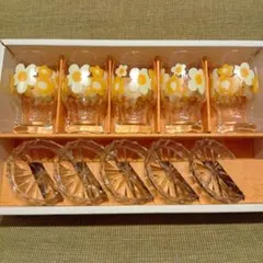 ①レトロ花柄グラス、ガラスコースター5セット　佐々木ガラス