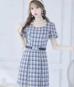 チェック柄ツイードドレス ウエストベルト付き