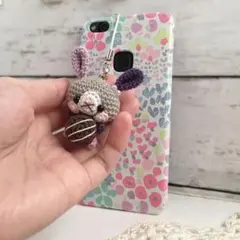 チョコレート・パープル&グレー系うさぎさん＊鈴付きイヤホンジャックストラップ