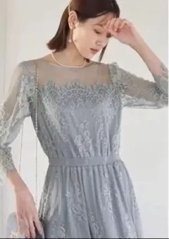 美品　ロペピクニック　ワンピース　総レース　結婚式　レース　ブルー　水色　七分袖