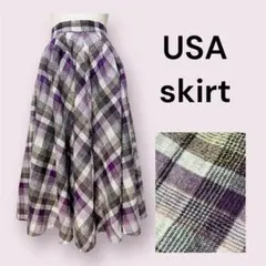 vintageヴィンテージスカートチェック柄フレアパープルレトロUSA海外古着