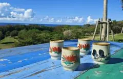 やちむん 中城窯さん 湯飲み 湯呑み 4つセット 花柄 陶器 沖縄土産