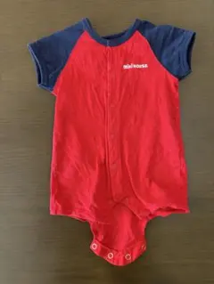 ミキハウス ロンパース 半袖 70cm 赤×ネイビー ロゴ MIKIHOUSE