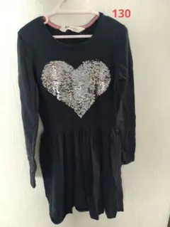 ネイビー ハート型スパンコール ワンピース 長袖　130