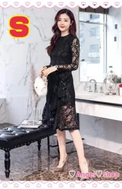 膝丈レースドレス ブラック S フォーマル パーティ 結婚式 二次会