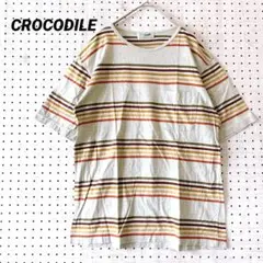 クロコダイル ボーダー半袖Tシャツ 綿100%（M）レトロ配色 ポケット付き