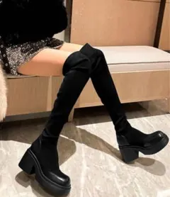 ブラックスエード厚底ニーハイブーツ　23.5