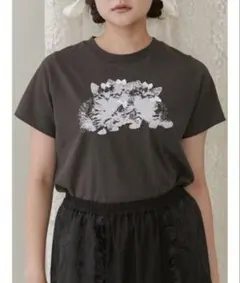 猫プリント リボン装飾 半袖Tシャツ ブラックのサムネイル