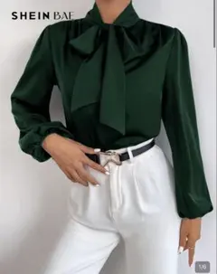 SHEIN ボウタイブラウス 長袖 ダークグリーンのサムネイル