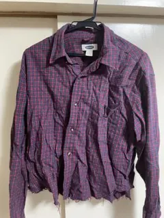 【トレンド短丈】Old Navy ネルシャツ カットオフ リメイク風 赤×紫