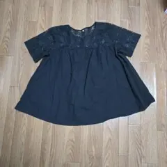 黒 レース トリム 半袖 トップス