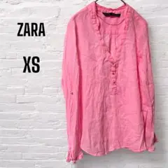 ザラ ZARA スキッパーシャツ リネンシャツ 長袖 ピンク 蛍光カラー XS