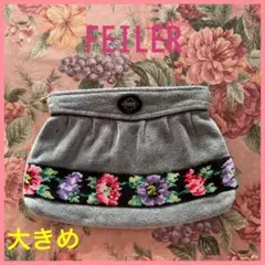 FEILER 花柄刺繍 クラッチポーチ グレー