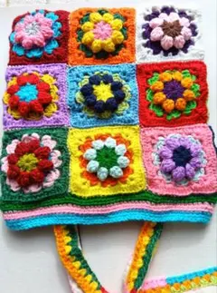 カラフルお花　モチーフ　トートバッグ　ハンドメイド