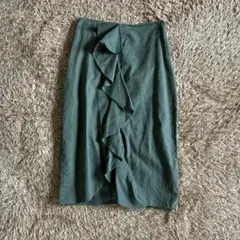 ZARA リネンレーヨン　フロントフリルスカート　緑のサムネイル