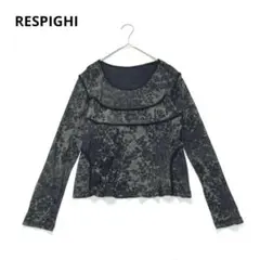 レスピーギ　長袖カットソー　薄手　個性的　ストレッチ　フラワー　花柄　総柄　黒
