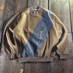 古着　フリース　スウェット　ブラウン　ウール混　M 日本製　襟太リブ　刺繍