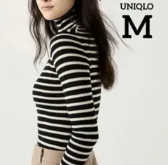 新品 ユニクロ メリノリブタートルネックセーターボーダーレディーストップスM