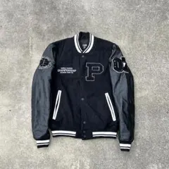 90s OLD スタジャン 短丈 ジャケット 袖レザー 古着 ブラック ワッペン