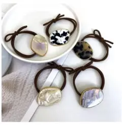 【5色5個セット】大理石風マーブルプレート ヘアゴム