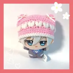ちびぐるみ ぬい服 ぷっくりハート 猫耳ニット帽 薄ピンク×白 編み物