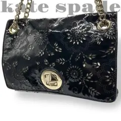 美品　ケイトスペード　トートバッグ　チェーン　パテントレザー　花柄　黒　ブラック