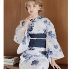 Dita 浴衣 紺 水彩の勿忘草色 美品 パールの飾り紐付き 下駄 草履 付き