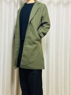 オリーブ色 シングルブレスト チェスターコート