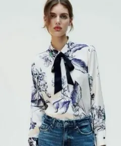 【完売商品】ZARA 花柄リボン付き長袖シャツ　ブルー　フラワー　アート