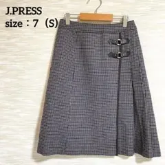 ジェイプレス J.PRESS ひざ丈プリーツスカート【S】ラップ風 ウール 千鳥のサムネイル
