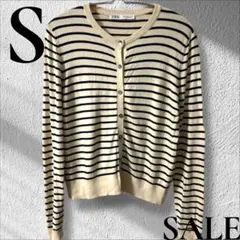 「即日発送」S ZARA アイボリーネイビー ストライプ 長袖ニットカーディガンのサムネイル