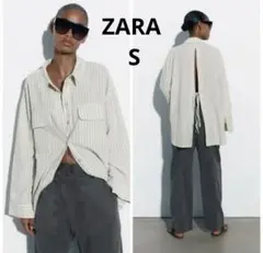 ZARA ◯ストライプ　リネン【 S】バックオープンシャツ　ナチュラル