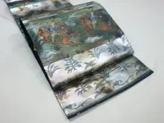 中古美品「服部織物」 袋帯 流鏑馬柄 こはく錦 銀×深緑■N80125-10