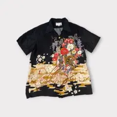 【IOLANI】イオラニ 花車 和柄 レーヨン アロハシャツ ブラック L総柄のサムネイル