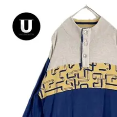 ＼トップス／セーター ニット　ハーフボタン　長袖　幾何学　ブルー　　古着