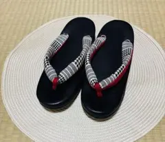 厚底草履 黒と白のチェック柄 23.5cm