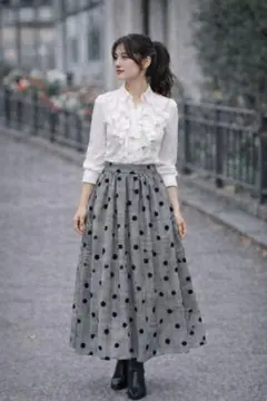 グレンチェック×ブラックドット フレアスカート