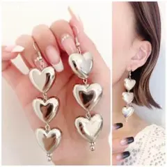 986 シルバー 3連 ぷっくりハート 大人可愛い お洒落 ピアス イヤリング